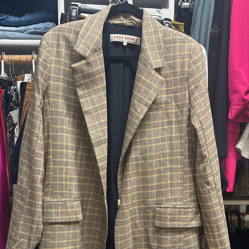 Free People Checkered Blazer in Brown and Tan